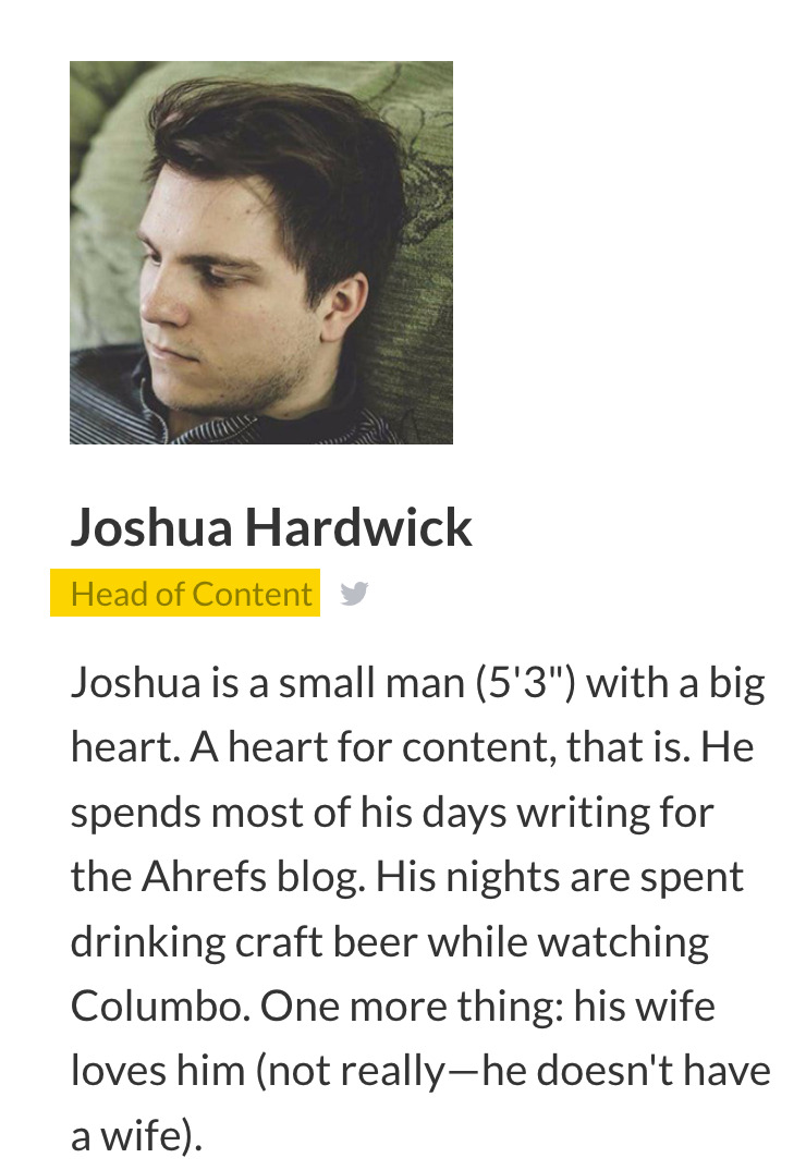 Joshua Hardwick's bio on our "team" page