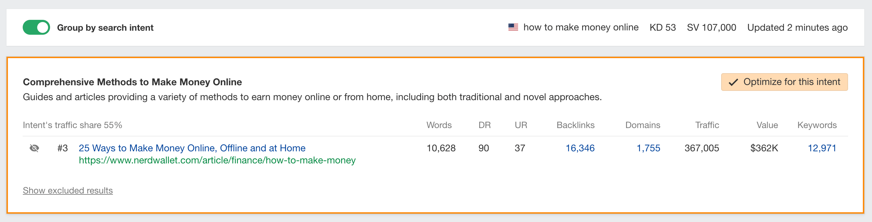 AI Content Helper lets you choose the intent the tool will use to optimize content.