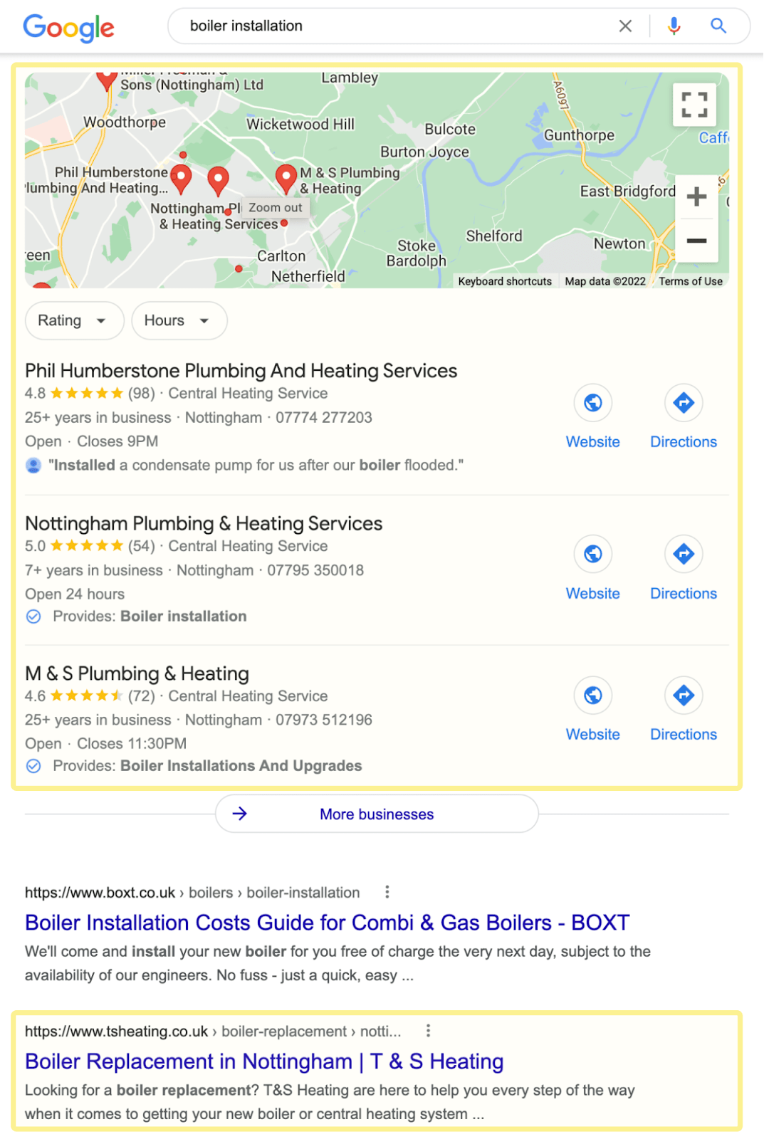 Google SERP for "boiler installation"; map pack and blue link result can be seen
